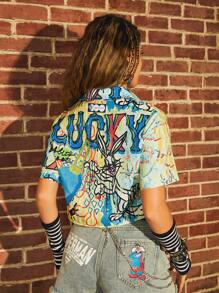 WB 100th | ROMWE Graffiti Print Button Front Shirt - Multicolor - View 2