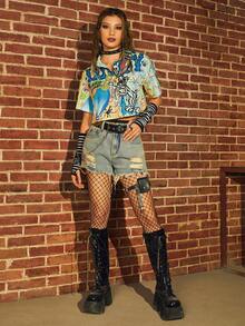 WB 100th | ROMWE Graffiti Print Button Front Shirt - Multicolor - View 3