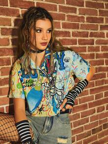 WB 100th | ROMWE Graffiti Print Button Front Shirt - Multicolor - View 5