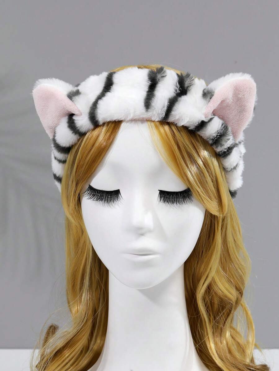 1 dây thun co giãn họa tiết mèo & thiết kế tai cho nữ để rửa mặt - trắng - Xem 1