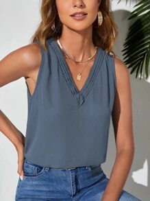 SHEIN Clasi Áo sơ mi nữ Xếp li Xù Uốn nếp màu trơn Giải trí - Màu xanh bụi bặm - Xem 1