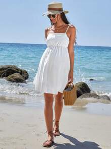 SHEIN Váy Bà bầu Thắt nút màu trơn Giải trí - trắng - Xem 4