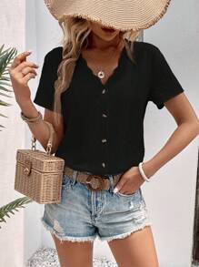 SHEIN LUNE Solid Button Front Blouse - Black - View 1