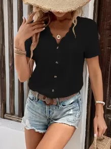 SHEIN LUNE Solid Button Front Blouse - Black - View 4