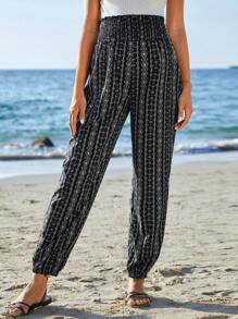 SHEIN Maternity Geo Print Shirred Wideband Waist Trousers - Black and White - View 3