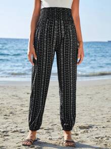 SHEIN Maternity Geo Print Shirred Wideband Waist Trousers - Black and White - View 4
