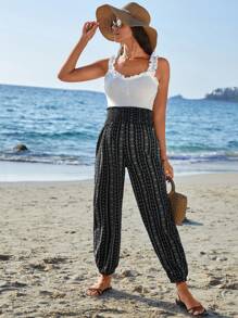 SHEIN Maternity Geo Print Shirred Wideband Waist Trousers - Black and White - View 5