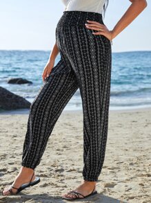 SHEIN Maternity Geo Print Shirred Wideband Waist Trousers - Black and White - View 6