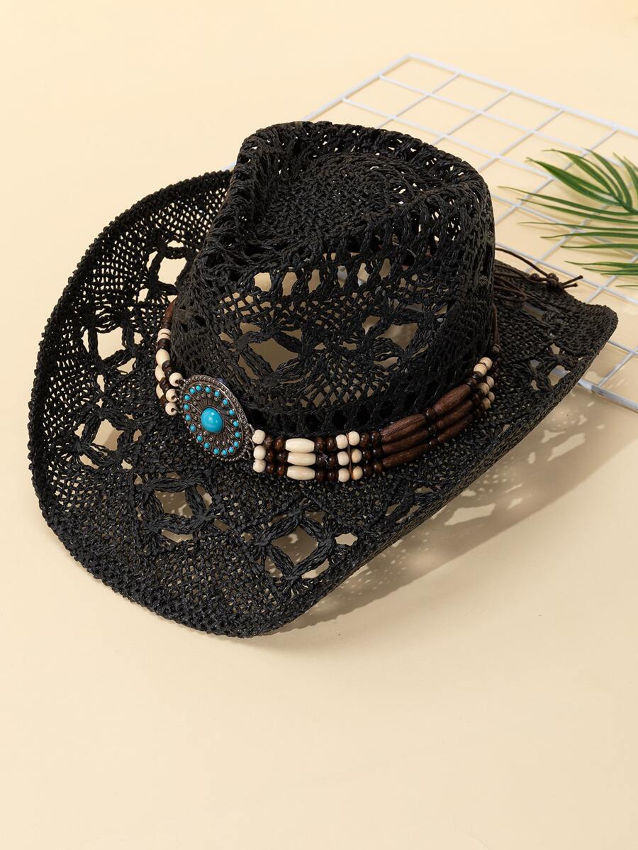 1pc Women Bead Decor Hollow Out Cowboy Straw Hat For Vacation - Black - View 1