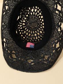 1pc Women Bead Decor Hollow Out Cowboy Straw Hat For Vacation - Black - View 2