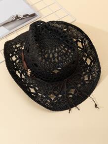 1pc Women Bead Decor Hollow Out Cowboy Straw Hat For Vacation - Black - View 3