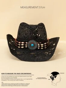 1pc Women Bead Decor Hollow Out Cowboy Straw Hat For Vacation - Black - View 4