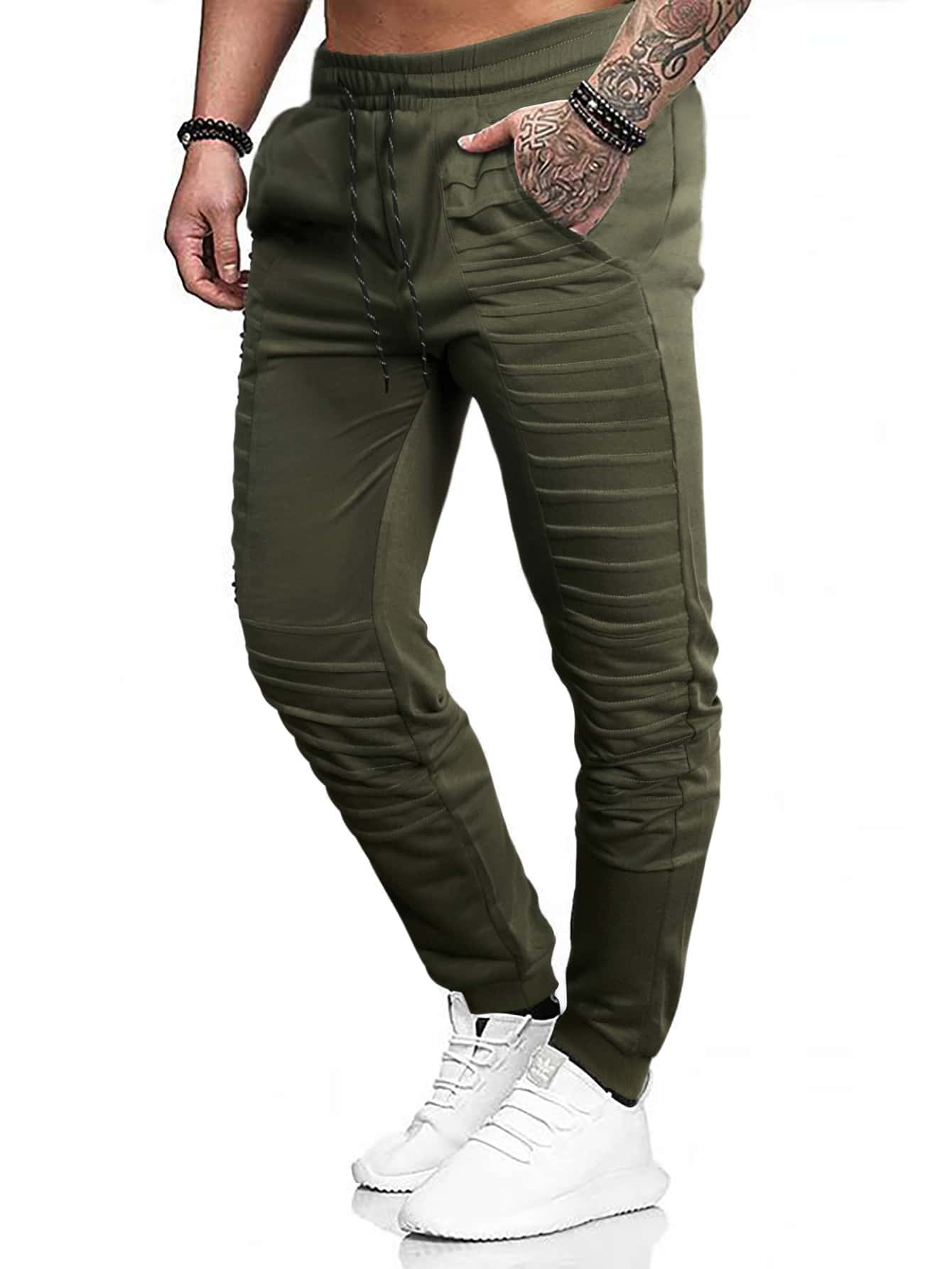 Pantalones de chándal informales para hombre con cintura ajustable con cordón y de color sólido - Verde militar - Ver 1