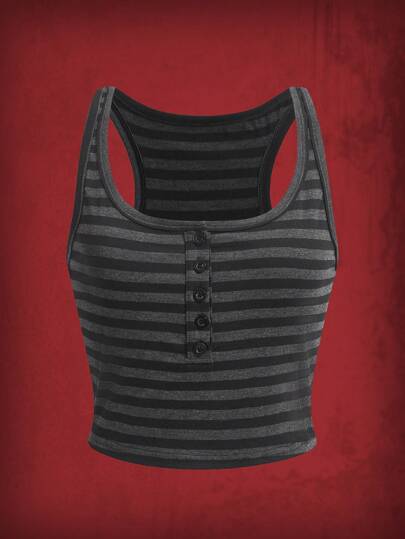 Grunge Punk Striped Half Button Tank Top, School