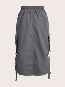 GENKIRA Solid Drawstring Waist Flap Pocket Cargo Skirt - Grey - View 2