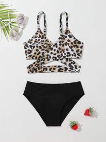 Young Girl Leopard Print Wrap Bikini Set Summer Beach - Multicolor - View 1