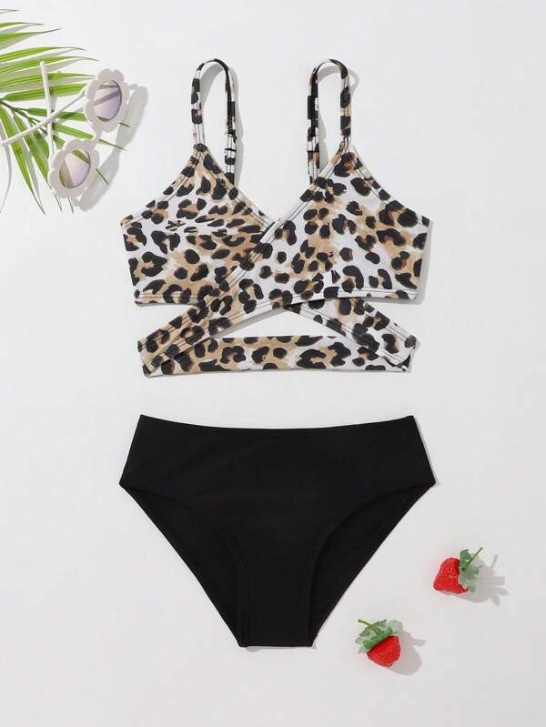 Young Girl Leopard Print Wrap Bikini Set Summer Beach