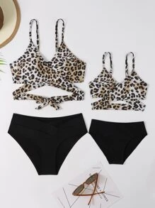 Young Girl Leopard Print Wrap Bikini Set Summer Beach - Multicolor - View 3