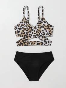 Young Girl Leopard Print Wrap Bikini Set Summer Beach - Multicolor - View 5