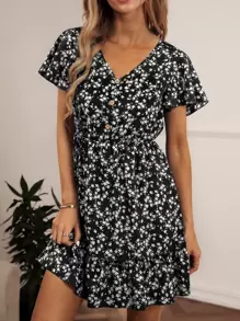 SHEIN LUNE Ditsy Floral Print Butterfly Sleeve Ruffle Hem Dress - Black and White - View 6