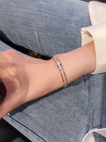 1入ins風格豪華銅製星空幾何手鐲,適用於女性日常休閒穿著 - 銀色 - 查看 5