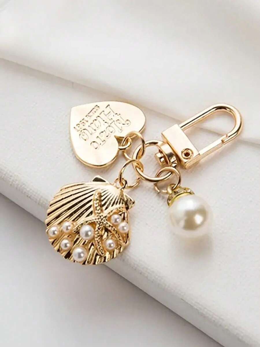 1 Nữ Ngọc Trai Giả Trang Trí Trái Tim & Vỏ Charm Móc Khóa Thời Trang Trang Trí Chìa Khóa - Vàng - Xem 1