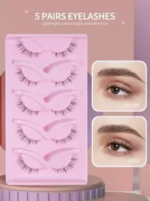 Magefy 5 對天然全假睫毛,帶有透明莖,蓬鬆纖細,適合日常使用漫畫睫毛,旅行必備品 - 黑色 - 查看 1