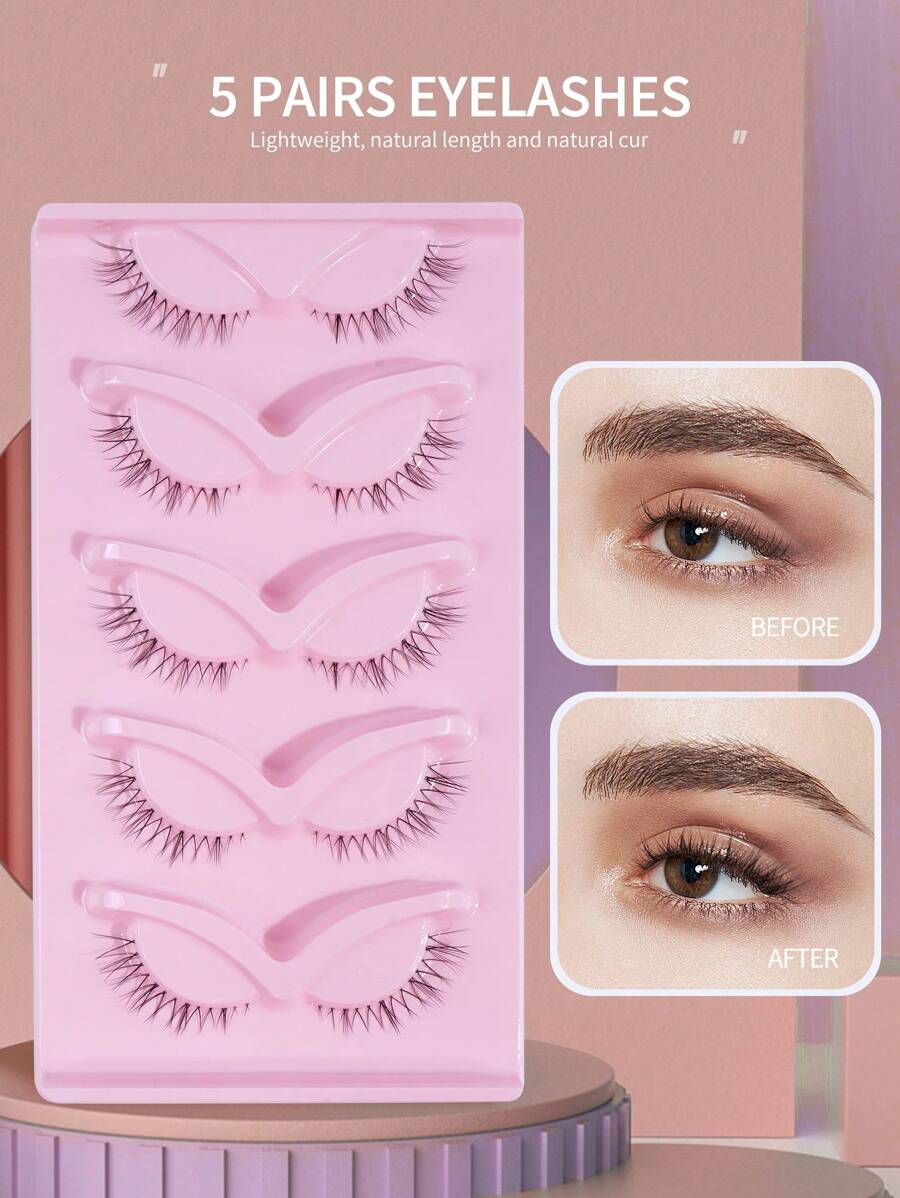 Magefy 5 對天然全假睫毛,帶有透明莖,蓬鬆纖細,適合日常使用漫畫睫毛,旅行必備品 - 黑色 - 查看 1