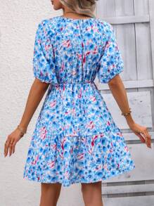 Breezaya Vestido con estampado floral de manga raglán bajo con fruncido - Azul y blanco - Ver 2