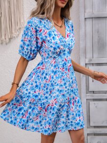 Breezaya Vestido con estampado floral de manga raglán bajo con fruncido - Azul y blanco - Ver 3