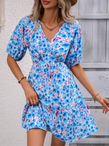 Breezaya Vestido con estampado floral de manga raglán bajo con fruncido - Azul y blanco - Ver 4