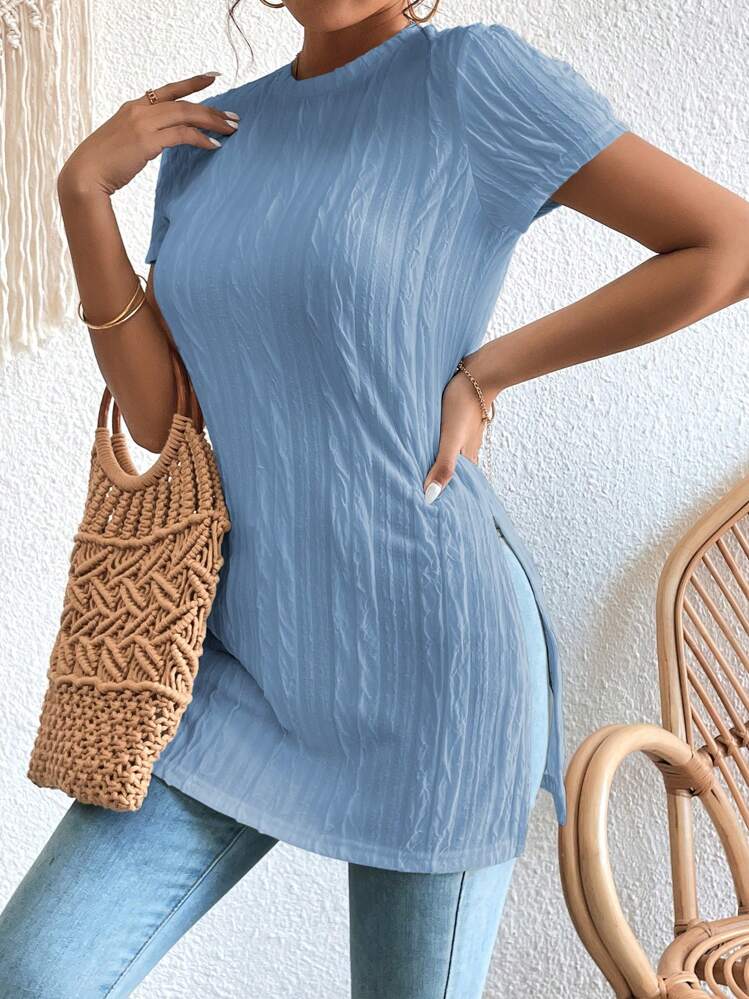 Chiquease 無地柄 スプリットヘム Tシャツ - ベビーブルー - 見る 4