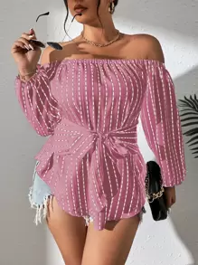 SHEIN LUNE Plus Striped Print Off Shoulder Lantern Sleeve Belted Blouse - Pink - View 1
