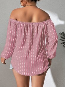 SHEIN LUNE Plus Striped Print Off Shoulder Lantern Sleeve Belted Blouse - Pink - View 2