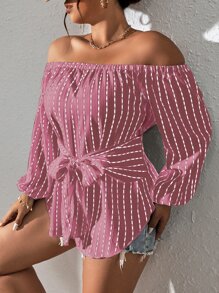 SHEIN LUNE Plus Striped Print Off Shoulder Lantern Sleeve Belted Blouse - Pink - View 3