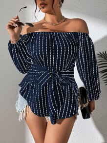Celure Áo sơ mi Plus Size Thắt nơ trước Sọc Giải trí - Màu xanh hải quân - Xem 1