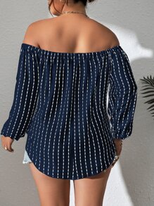 Celure Áo sơ mi Plus Size Thắt nơ trước Sọc Giải trí - Màu xanh hải quân - Xem 2