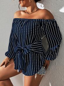 Celure Áo sơ mi Plus Size Thắt nơ trước Sọc Giải trí - Màu xanh hải quân - Xem 3