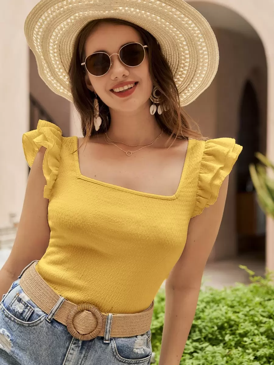 SHEIN VCAY Square Neck Ruffle Trim Tee - Yellow - View 1