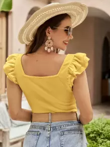 SHEIN VCAY Square Neck Ruffle Trim Tee - Yellow - View 2