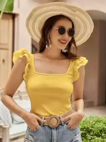 SHEIN VCAY Square Neck Ruffle Trim Tee - Yellow - View 3