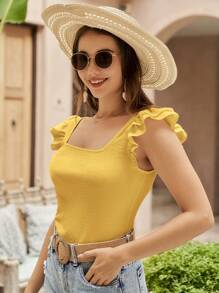 SHEIN VCAY Square Neck Ruffle Trim Tee - Yellow - View 4