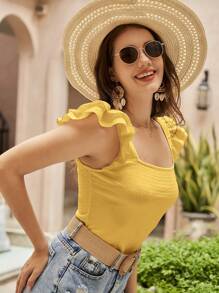 SHEIN VCAY Square Neck Ruffle Trim Tee - Yellow - View 5