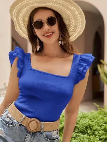 SHEIN VCAY Camiseta de cuello cuadrado ribete con fruncido