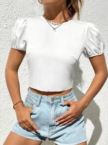 Soleia 後背繫帶泡泡袖短款襯衫 - 白色 - 查看 7