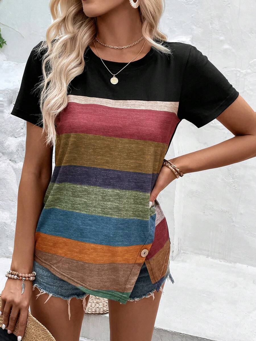 SHEIN LUNE 撞色紐扣細節T恤 - 彩色 - 查看 1