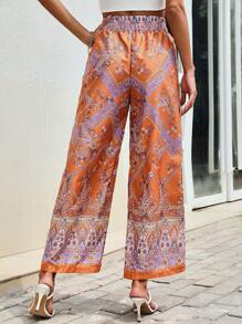 SHEIN VCAY Paisley Print Split Thigh Ruffle Hem Skirt - Orange - View 2