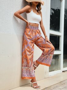 SHEIN VCAY Paisley Print Split Thigh Ruffle Hem Skirt - Orange - View 4