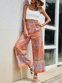 SHEIN VCAY Paisley Print Split Thigh Ruffle Hem Skirt - Orange - View 6