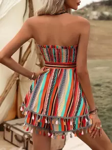 Breezaya 幾何印花流蘇邊腰帶抹胸連體短褲 - 彩色 - 查看 2